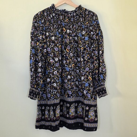Zara Mini Tunic Dress Women L Black LS Smocked Floral Whimsigoth Boho Printed - Picture 1 of 16